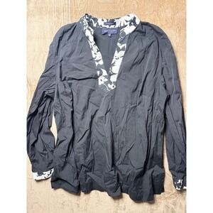 Jones New York Signature Woman Black Floral Trim Split Neck Blouse Plus Size 2X